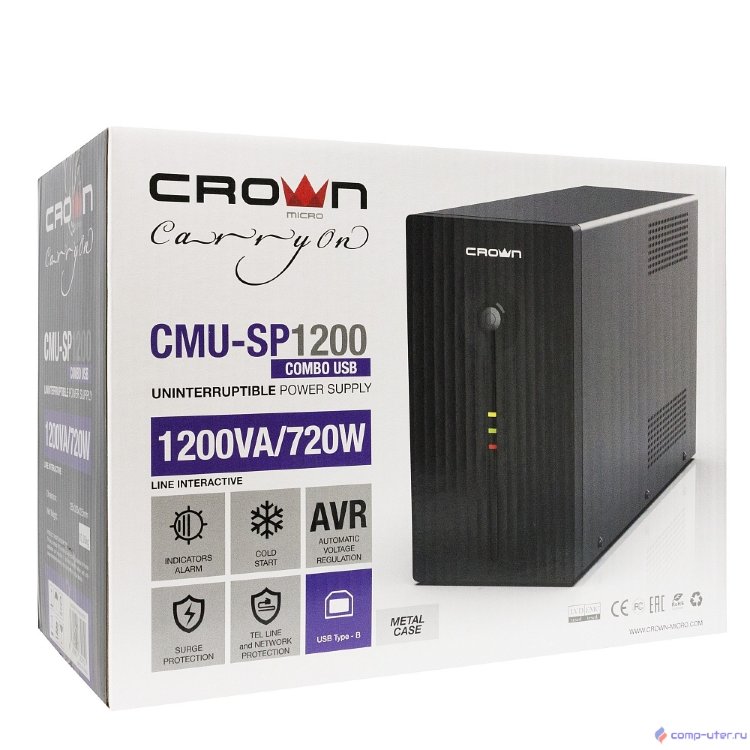 CROWN ИБП CMU-SP1200 COMBO USB {1200VA\720W, металл, 2x12V/9AH, розетки 4*IEC + 2*EURO+1*IEC bybass} (CM000001874) [382151]