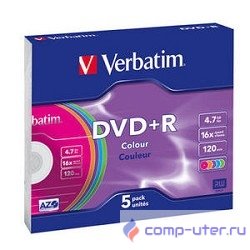 Verbatim  Диски  DVD+R 16х, 4.7Gb, Colour (Slim Case, 5шт.) (43556)
