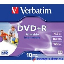 43508 Диски DVD+R Verbatim 16-x, 4.7 Gb, Printable (Jewel Case, 10шт.) 
