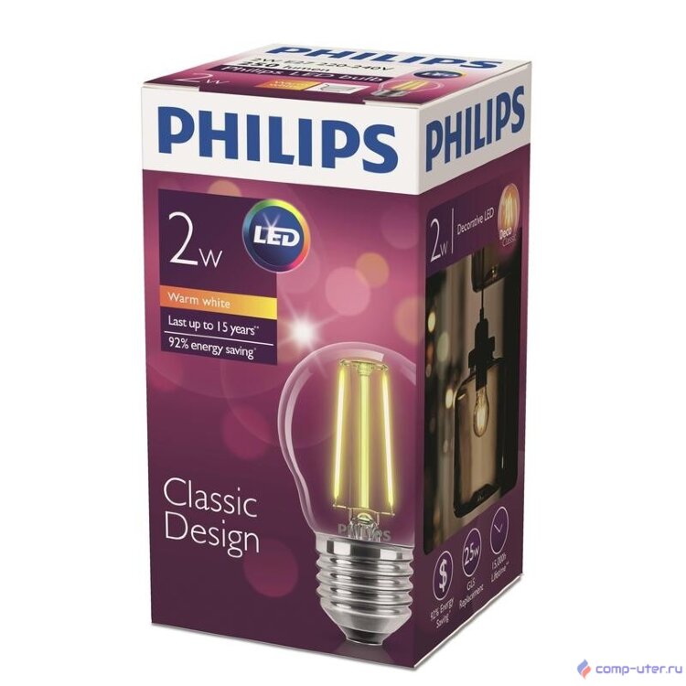 Philips Лампа светодиодная Philips 2Вт E27 сферическая 2700k теплый белый свет Filament