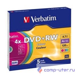 Verbatim  Диски DVD+RW  4х, 4.7Gb (COLOUR, Slim Case, 5 шт.) (43297)