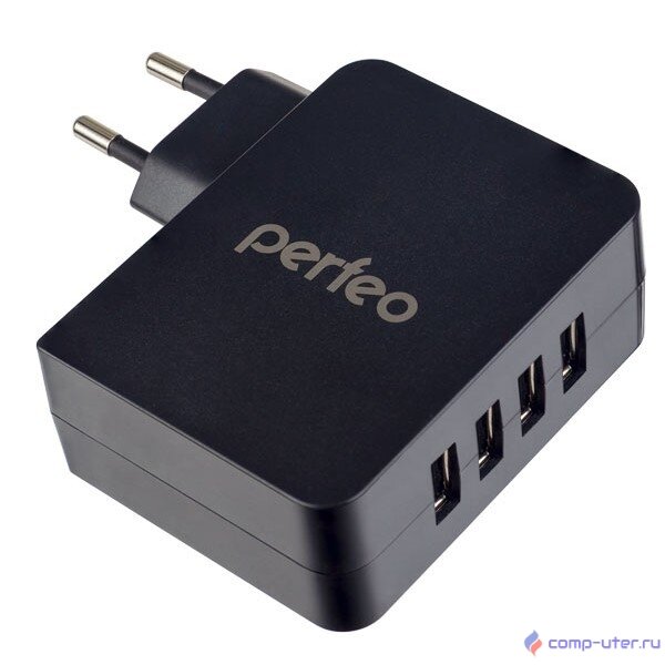 PERFEO Сетевое зарядное устройство с разъемом 4xUSB, 4.9А, черный, "CUBE 4" (PF_A4137) 