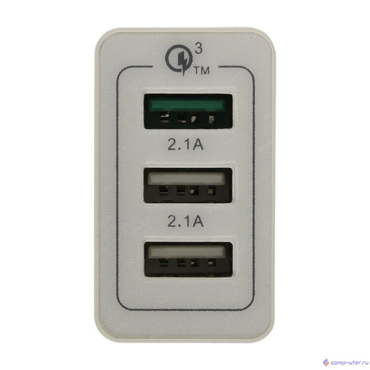 ORIENT QC-12V3W, Сетевое зарядное устройство с функцией быстрой зарядки, поддержка Quick Charge 3.0, 3 x USB: QC выход - 5В,3.0A или 9В,1.67А или 12В,1.25А; 2,3 выходы - 5В,2.1А, цвет белый (30650)