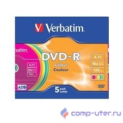 Verbatim  Диски DVD-R Verbatim 16-x, 4.7 Gb (Color, Slim Case, 5 шт) (43557)