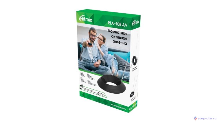 RITMIX RTA-108 AV {усиление 30 дБ, FM/VHF/UHF, поддержка цифровых стандартов ТВ: DVB-T, DVB-T2, ISDB-T, DMB-T/H, ATSC, и радио DAB и FM, сопротивление 75 Ом, питание DC 6V 0,1А - с кабелем DC- USB}