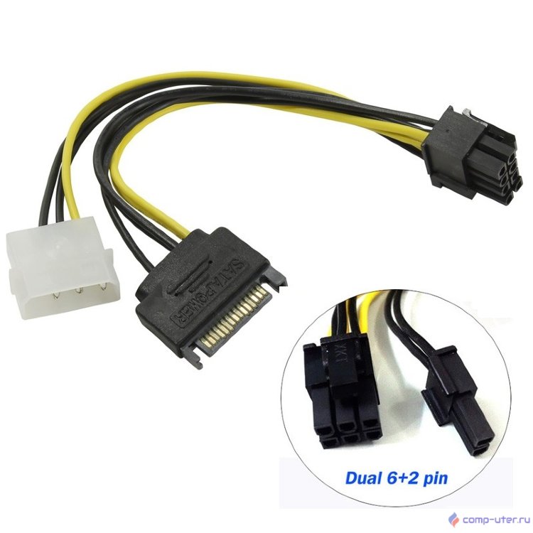 ORIENT C578, Переходник питания для PCI-Ex видеокарт Molex 4pin (M) + SATA 15pin (M) -> 8pin (6pin+2pin)