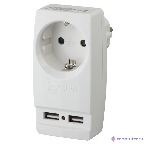 ЭРА Б0026332 Адаптер "Polynom" SP-1e-USB-W 1гн 220V + 2xUSB 2100mA, c заземл, (белый)