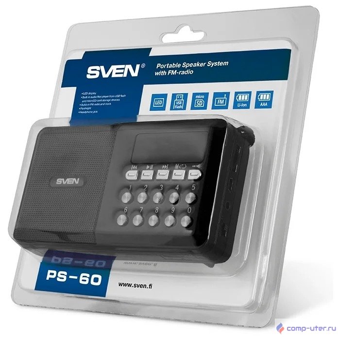 SVEN PS-60,  черный (3 Вт, FM-тюнер, USB, microSD, LED-дисплей, фонарь, 3xAA, 600мА*ч) 