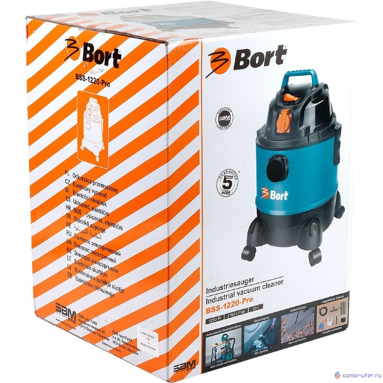 Bort BSS-1220-Pro Пылесос строительный [98291797] { 1250 Вт, вместимость 20 л, 36 л/сек, 4,5 кг, набор аксессуаров 10 шт }